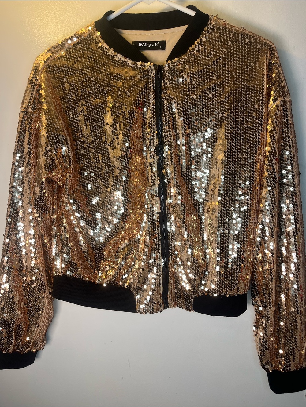 Allegra K Gold Sequin Bomber Jacket with Black Trim